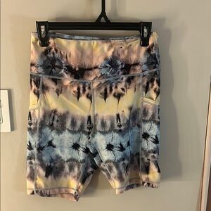 Blue and Yellow Bike Shorts with Tie-Dye Effect